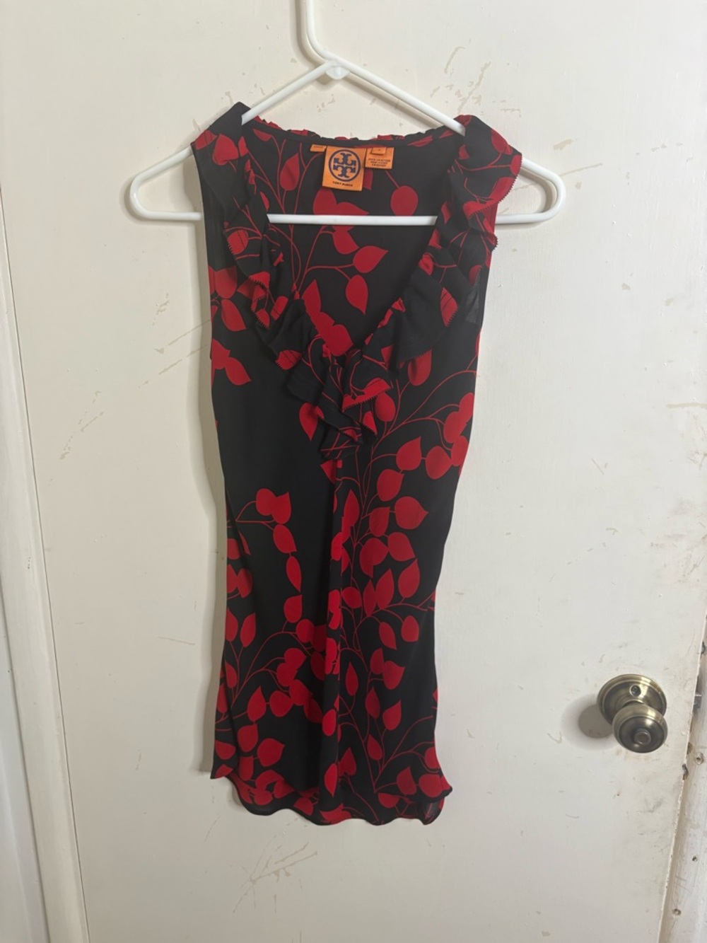 Tory Burch Black & Red Leaf Print Ruffled Neckline Silk Top